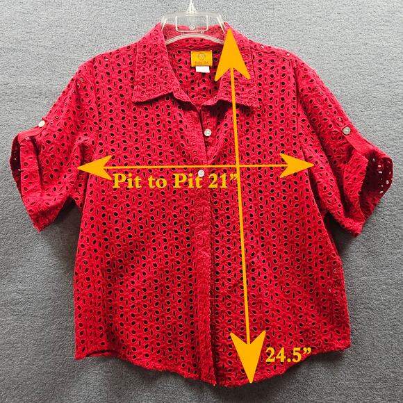 Ruby Red eyelet blouse beach coverup red cinched pleat on back button tab sleeve - Picture 7 of 7